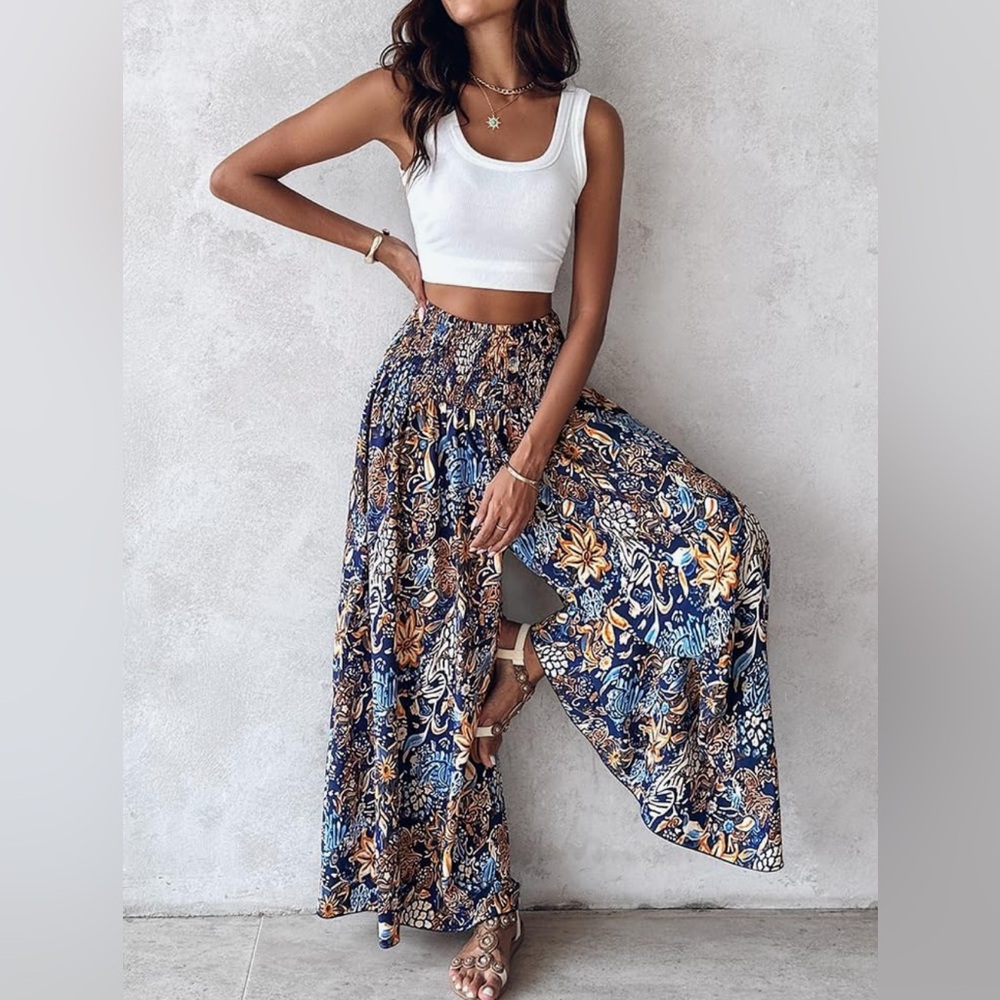 CHICME Womens Boho High Waisted Wide Leg Palazzo Pants Largr